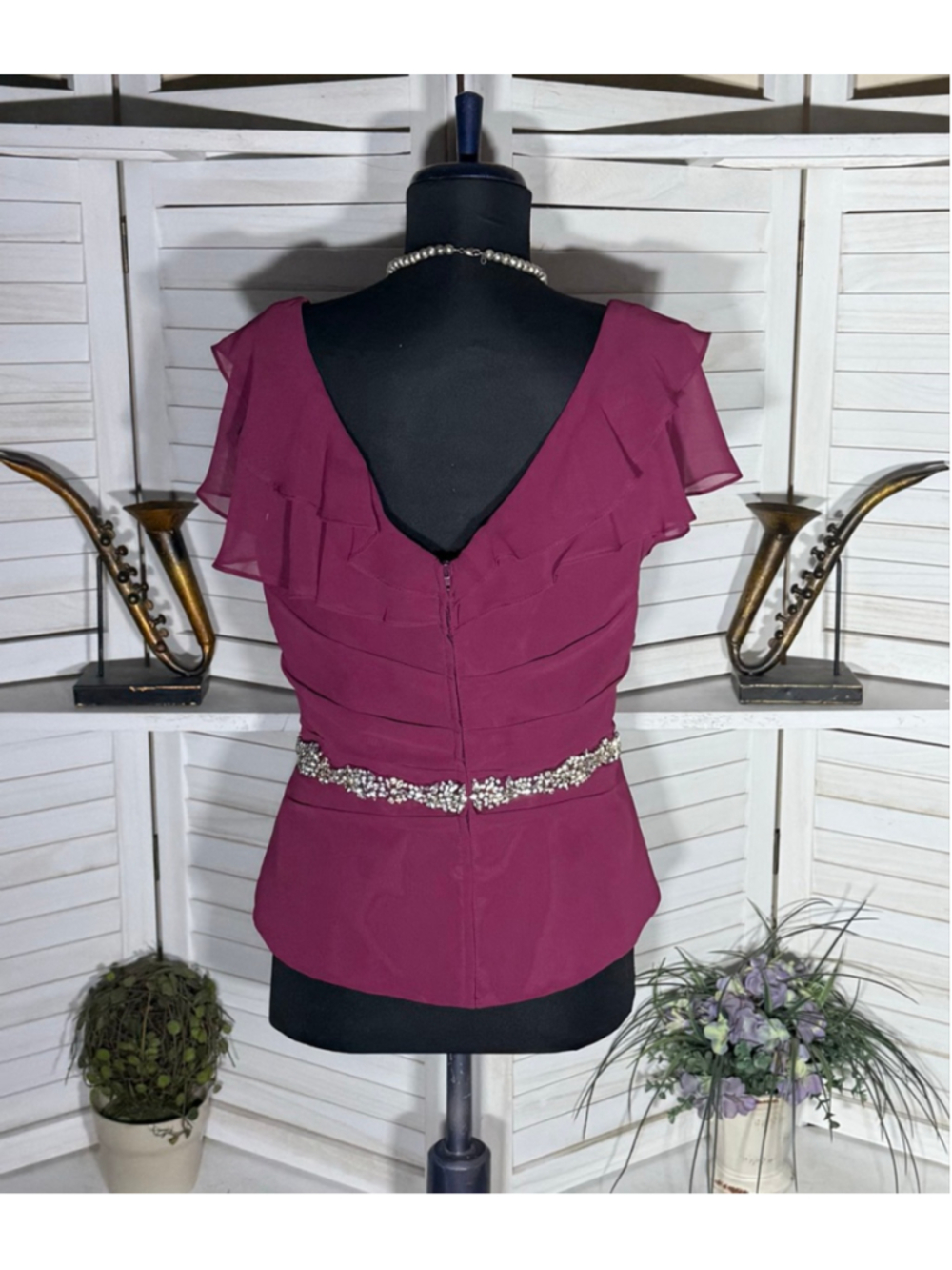 Vintage chiffon top ruffled V-neck beaded cocktail wedding guest Coquette - Picture 2 of 12